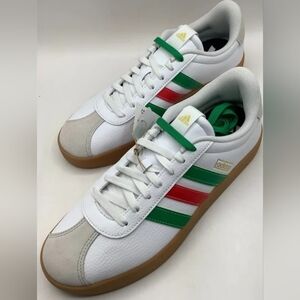 adidas White Sneakers with Green & Red Stripe Accents
